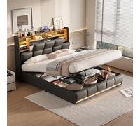 QMTXBYJ Letto matrimoniale con contenitore 140x200 con LED e USB, Letto imbottito 140x200 con contenitore idraulico, letto funzionale,Struttura letto con ripostiglio testiera e rete a doghe,PU