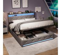 QMTXBYJ Letto Matrimoniale con Contenitore 160x200 cm con LED e USB, Letti matrimoniali moderni con testiera e vano portaoggetti, Letto imbottito 160x200 con Contenitore, Senza Materasso,Lino