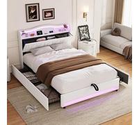 QMTXBYJ Letto matrimoniale con Contenitore 160x200 cm, letto imbottito 160x200 con 4 cassetti, LED e Porta USB, letto funzionale con testiera, struttura letto con rete a doghe,Velluto,Senza Materasso