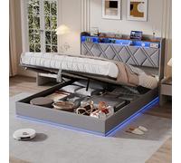 QMTXBYJ Letto Matrimoniale con contenitore 160x200 con LED e Porta USB, Letto imbottito 160x200 con contenitore idraulico e ripostiglio testiera, Struttura letto con rete a doghe in Legno,Lino