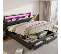 QMTXBYJ letto matrimoniale con contenitore 160x200 con LED e USB, Letto imbottito 160x200 con 2 cassetti e contenitore idraulico, letto funzionale,Struttura Letto con testiera e rete a doghe,Lino