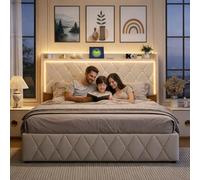 QMTXBYJ Letto matrimoniale con contenitore 160x200 con LED e USB, Letto imbottito 160x200 con contenitore idraulico, letto funzionale,Struttura letto con ripostiglio testiera e rete a doghe,Velluto