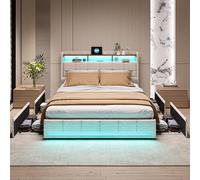 QMTXBYJ Letto matrimoniale con Contenitore 180x200 cm, letto imbottito 180x200 con 4 cassetti, LED e Porta USB, letto funzionale con testiera, struttura letto con rete a doghe, Lino,Senza Materasso