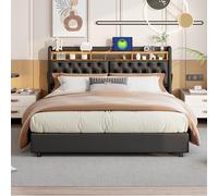 QMTXBYJ Letto matrimoniale con contenitore 180x200 con LED e USB, Letto imbottito 180x 200 con contenitore idraulico, letto funzionale, Struttura letto con ripostiglio testiera e rete a doghe, PU