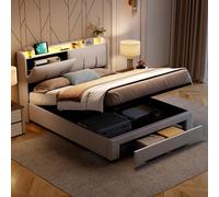 QMTXBYJ Letto matrimoniale imbottito 140 x 200 cm, letto cassettiera con cassetti e rete a doghe, testiera con vano portaoggetti e funzione di ricarica LED e USB, telaio del letto in legno massiccio e