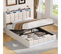 QMTXBYJ Letto matrimoniale imbottito 140 x 200 cm, letto matrimoniale a LED con spazio e rete a doghe, letto 140 x 200 cm, con testiera e USB, letto per ragazzi idraulico, in lino, beige