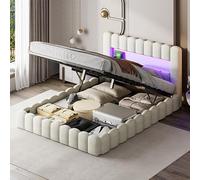 QMTXBYJ Letto matrimoniale imbottito 140 x 200 con LED e USB, letto idraulico con ripiani aperti e ripostiglio nascosto, letti Bubble con rete a doghe, letti 2 persone, legno in velluto, senza