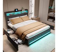QMTXBYJ Letto matrimoniale imbottito 140x200 cm, letto a due piazze LED con 4 cassetti e rete a doghe, letto 140x200 con testiera con spazio di archiviazione e funzione di ricarica USB, struttura del