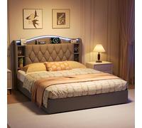 QMTXBYJ Letto matrimoniale imbottito 160 x 200 cm, letto idraulico con illuminazione a LED, letto per ragazzi con 2 USB e ricarica wireless, letto 160 x 200 cm, con testiera e rete a doghe, flanella