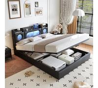 QMTXBYJ Letto matrimoniale imbottito 160 x 200, letto matrimoniale con vano portaoggetti e testiera a LED con USB di tipo C e vano portaoggetti, 160 x 200 cm, con rete a doghe, PU, senza materasso