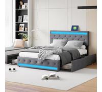 QMTXBYJ Letto matrimoniale imbottito con spazio di archiviazione 180 x 200 cm, 4 cassetti, letti e illuminazione a LED, testiera con funzione di ricarica USB, letto con cassetto, grigio scuro