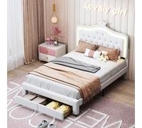 QMTXBYJ Letto per bambini imbottito 140 x 200 cm, letto singolo a LED per ragazza con 2 cassetti, telaio per letto con testiera a LED a forma di corona e rete a doghe, letto da ragazza in pelle PU con