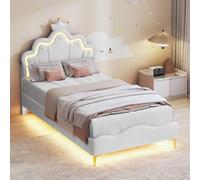 QMTXBYJ Letto per bambini imbottito 90 x 200 cm, letto singolo a LED per ragazza, telaio letto con testiera regolabile in altezza a forma di corona e rete a doghe per lettini, letti da ragazza, letto