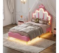 QMTXBYJ Letto per bambini imbottito 90 x 200 cm, letto singolo a LED per ragazza, telaio letto con testiera regolabile in altezza a forma di corona e rete a doghe per lettini, letti da ragazza, letto