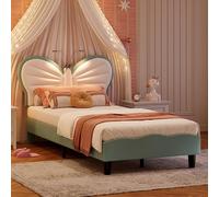 QMTXBYJ Letto per bambini imbottito 90 x 200 cm, letto singolo a LED per ragazza, telaio letto con testiera regolabile in altezza a forma di farfalla e rete a lettini, letti da ragazza in velluto