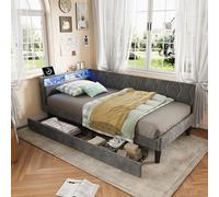 QMTXBYJ Letto singolo angolare con 2 cassetti, letti singoli con contenitore 90x200 cm, Letto imbottito con testiera LED e Porta USB, Struttura letto con rete a doghe per Ragazzi, senza Materasso