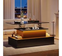 QMTXBYJ Tavolino da salotto con piastra rimovibile, 90 x 55 x 41 cm, altezza regolabile, idraulico, illuminazione a LED, con vano portaoggetti nascosto e cassetto per soggiorno