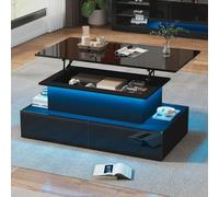 QMTXBYJ Tavolino sollevabile con illuminazione a LED, tavolo da salotto con 4 cassetti e spazio di archiviazione aperto, 90 x 55 x 41 cm, tavolini allungabile 3 in 1 con piano elevatore e deposito