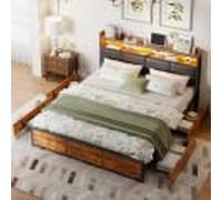 QMTXBYJ Telaio per letto 180 x 200 con rete in metallo, letto matrimoniale con testa a LED e multipresa(2 prese CA, 2 porte USB), letto matrimoniale 180 x 200 con 4 cassetti per la conservazione