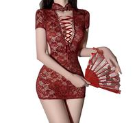 QNCLO Pigiama da donna in pizzo con spacco alto, cheongsam lingerie party club outfit sexy scava fuori prospettiva pigiama (rosso 1)