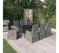 Qnhdfrt 9-TLG. Set da pranzo da giardino con 8 sedie, grigio e nero, in rattan sintetico, in acciaio verniciato a polvere, piano del tavolo, 200 x 100 cm, per terrazza, balcone, giardino