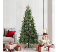 Qnhdfrt Albero di Natale artificiale 210 cm pieghevole con supporto pigne rosse bacche in PVC abete per soggiorno balcone