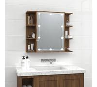 Qnhdfrt Armadietto a specchio a LED, marrone, effetto rovere, 70 x 16,5 x 60 cm, sottile armadio da bagno con specchio e contenitore per organizzazione del bagno