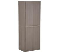 Qnhdfrt Armadietto da giardino marrone, 65 x 45 x 172 cm, in polipropilene, effetto legno, con 4 ripiani e porta scopa, pratico armadietto per giardino, terrazza e balcone