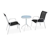 Qnhdfrt Bistro Set 3 mobili da giardino nero grigio con sedie impilabili e tavolo in vetro scanalato per terrazza, balcone, giardino d'inverno