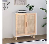 Qnhdfrt Credenza bianca 60 x 30 x 70 cm in legno massello di pino e rattan naturale con 2 scomparti per soggiorno, cucina, corridoio, stile country