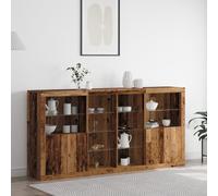 Qnhdfrt Credenza con luci a LED, effetto legno antico, 202 x 37 x 100 cm, marrone, effetto legno massello, 6 porte, vetro di sicurezza, scaffali per soggiorno, sala da pranzo