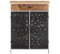 Qnhdfrt Credenza Legno Mango e Ferro, Mobile Industriale 60x35x75 cm | Mobiletto dispensa vintage per il soggiorno e corridoio con decoro corona di bicicletta e ante in legno.