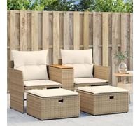 Qnhdfrt Divano da giardino a 2 posti, con sgabelli, beige, in rattan sintetico, con ripiano e cuscino lavabile, per terrazza, balcone e giardino