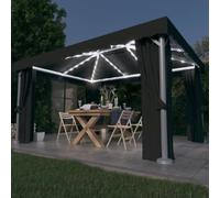 Qnhdfrt Gazebo con tende e catena luminosa a LED, 4 x 3 m, colore antracite, con zanzariera e doppio tetto per barbecue, campeggio ed eventi all'aperto