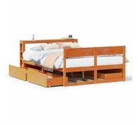 Qnhdfrt Giroletto 140x190 cm in Legno Massello con 4 Cassetti e Testiera | Struttura letto matrimoniale francese per camera da letto con 2 ripiani e finitura marrone cera, doghe in compensato.
