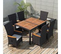 Qnhdfrt Gruppo da giardino in rattan PE con piano in legno di acacia, 6 sedie, 2 regolabili, XXL, 150 x 90 cm, nero, bianco crema, mobili per esterni, per terrazza, giardino e balcone