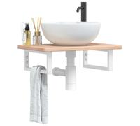 Qnhdfrt Lavabo con supporto, 60 x 40 x 2,5 cm, rovere massiccio non trattato e tubo in acciaio bianco, portata 100 kg, moderno lavabo da parete, per bagno, WC ospiti e piccoli spazi