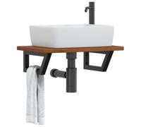 Qnhdfrt Lavabo sospeso in legno massello di quercia con supporto in acciaio, nero, marrone scuro, 60 x 40 x 2,5 cm, montaggio a parete salvaspazio per bagno con forma trapezoidale
