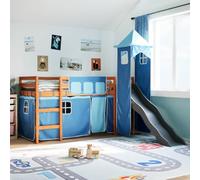 Qnhdfrt Lettino a soppalco per bambini con scivolo e torre in legno massello di pino 90 x 190 cm, marrone cera, antracite, blu, letto a soppalco con tende e protezione dalle cadute per cameretta dei