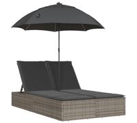 Qnhdfrt Lettino da giardino doppio con ombrellone e cuscino, in polyrattan, per 2 persone, schienale regolabile in 4 posizioni, struttura in acciaio, grigio, 200 x 164 cm