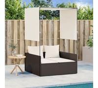 Qnhdfrt Lettino doppio con tetto e tende in rattan PE e acciaio verniciato a polvere marrone, comodo lettino da giardino per spiaggia, balcone e campeggio