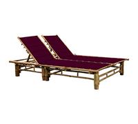 Qnhdfrt Lettino prendisole in bambù per 2 persone con schienale regolabile e imbottitura rosso vino per giardino, balcone e spiaggia