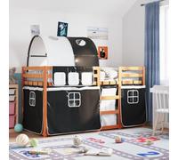Qnhdfrt Letto a castello in legno massello di pino con tende bianche e nere, 75 x 190 cm, salvaspazio, con protezione dalle cadute e pratica scaletta per cameretta dei bambini dai 6 anni in su