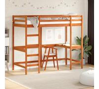Qnhdfrt Letto a soppalco con scrivania in legno massello di pino 90 x 190 cm, marrone cera, salvaspazio, con griglia di sicurezza e posto di lavoro per cameretta dei bambini