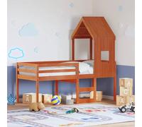 Qnhdfrt Letto a soppalco con tetto in legno di pino massiccio, 80 x 200 cm, colore marrone cera, con funzione tenda da gioco e spazio per la cameretta dei bambini