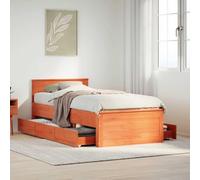 Qnhdfrt Letto in legno massello con testiera e rete a doghe, 90 x 190 cm, marrone cera, robusto telaio del letto con cassetti per riporre oggetti