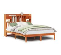 Qnhdfrt Letto Matrimoniale 160x200 con Testiera Libreria Pino Marrone Cera | Struttura per camera da notte in legno massello dotata di rete a doghe integrata, vani a giorno e due cassetti salvaspazio.