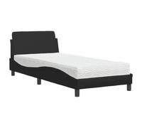 Qnhdfrt Letto Singolo 90x200 cm con Materasso H2 H3 e Testiera Nero | Struttura imbottita in similpelle nera dal design ondulato per la camera da letto, completa di doghe e materasso.