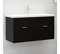 Qnhdfrt Mobile sottolavabo con vasca da incasso, 90 x 46 x 38,5 cm, nero, in legno bianco, in ceramica, moderno mobile da bagno con rubinetto, scarico push-open, per bagno e WC degli ospiti