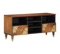 Qnhdfrt Mobile TV basso in legno massello di mango 100x33x46 cm mobile TV con cassetto e scomparto, mobile di design con stampa oro e elementi in ottone per soggiorno